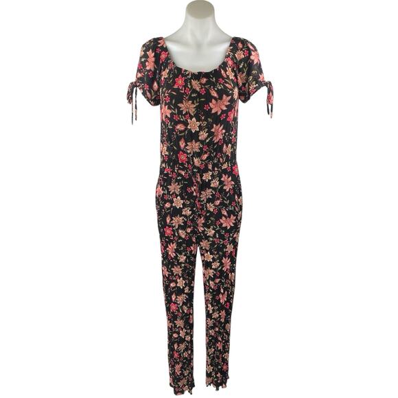 Xhilaration Multicolor Floral Short Puff Sleeve Scoop Neck Tie Jumpsuit Size S - Picture 1 of 4